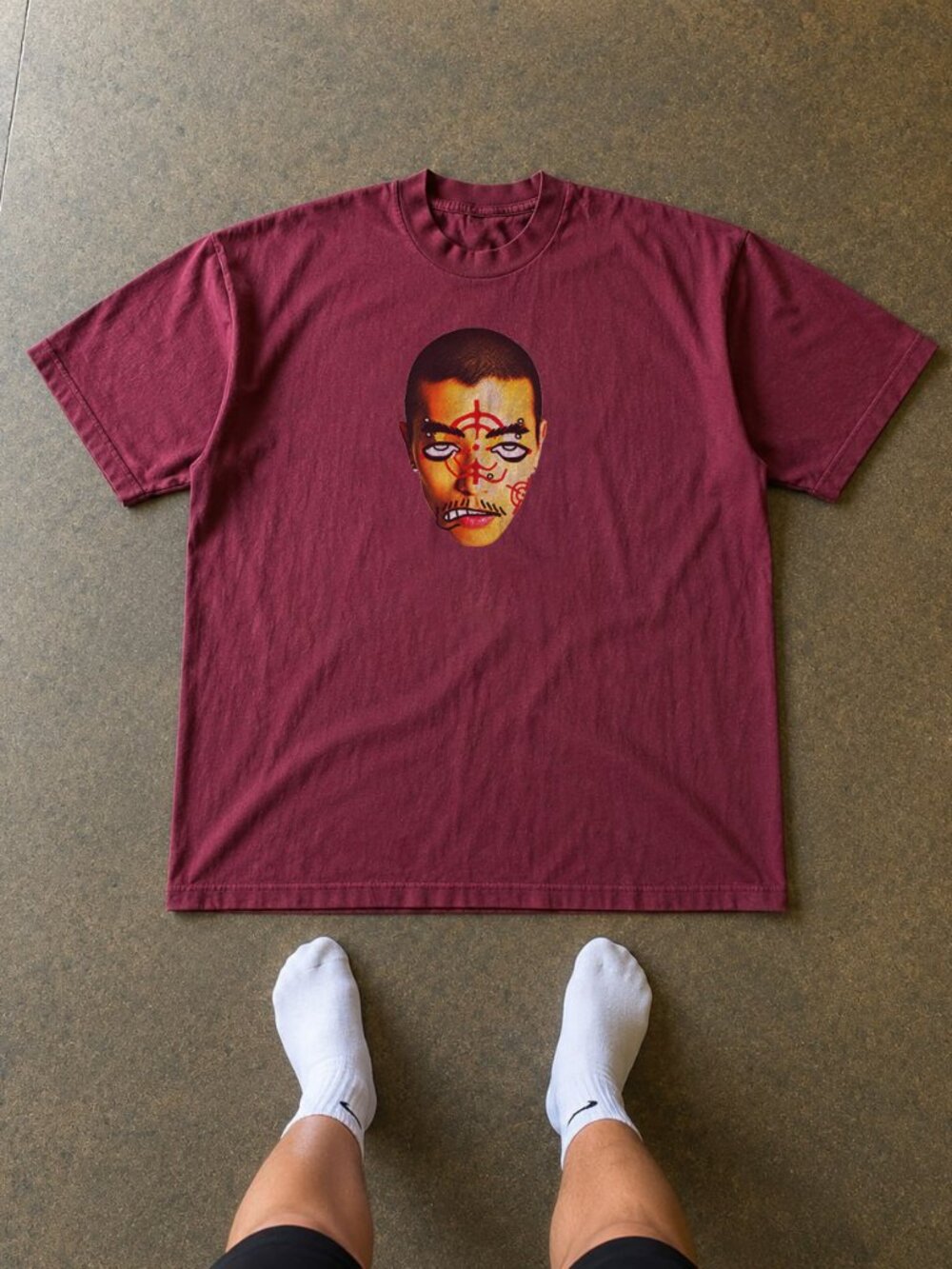 Vintage Style Face Piercing T-Shirt | Retro Grunge Target Maroon Graphic Tee